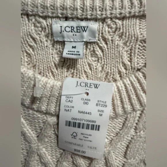 NWT J CREW Cotton Cable-knit Crewneck Sweater, size Medium color, Natural - Picture 5 of 7